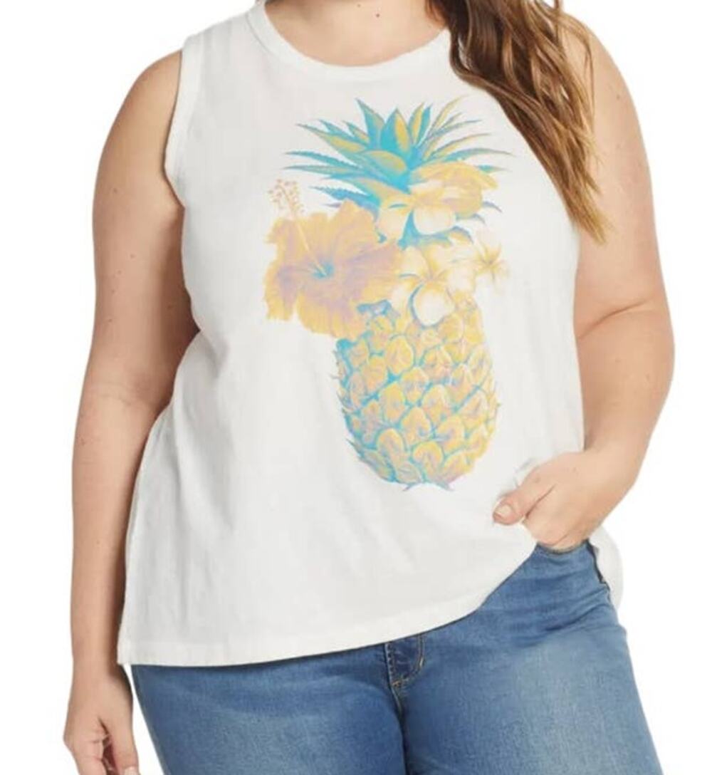 Lucky Womens size 3X top cream Pineapple print muscle tank top